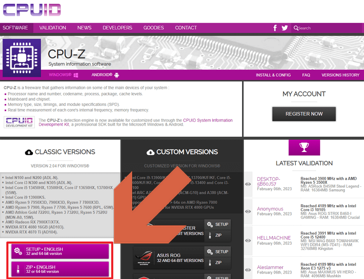 CPU-Z 홈페이지